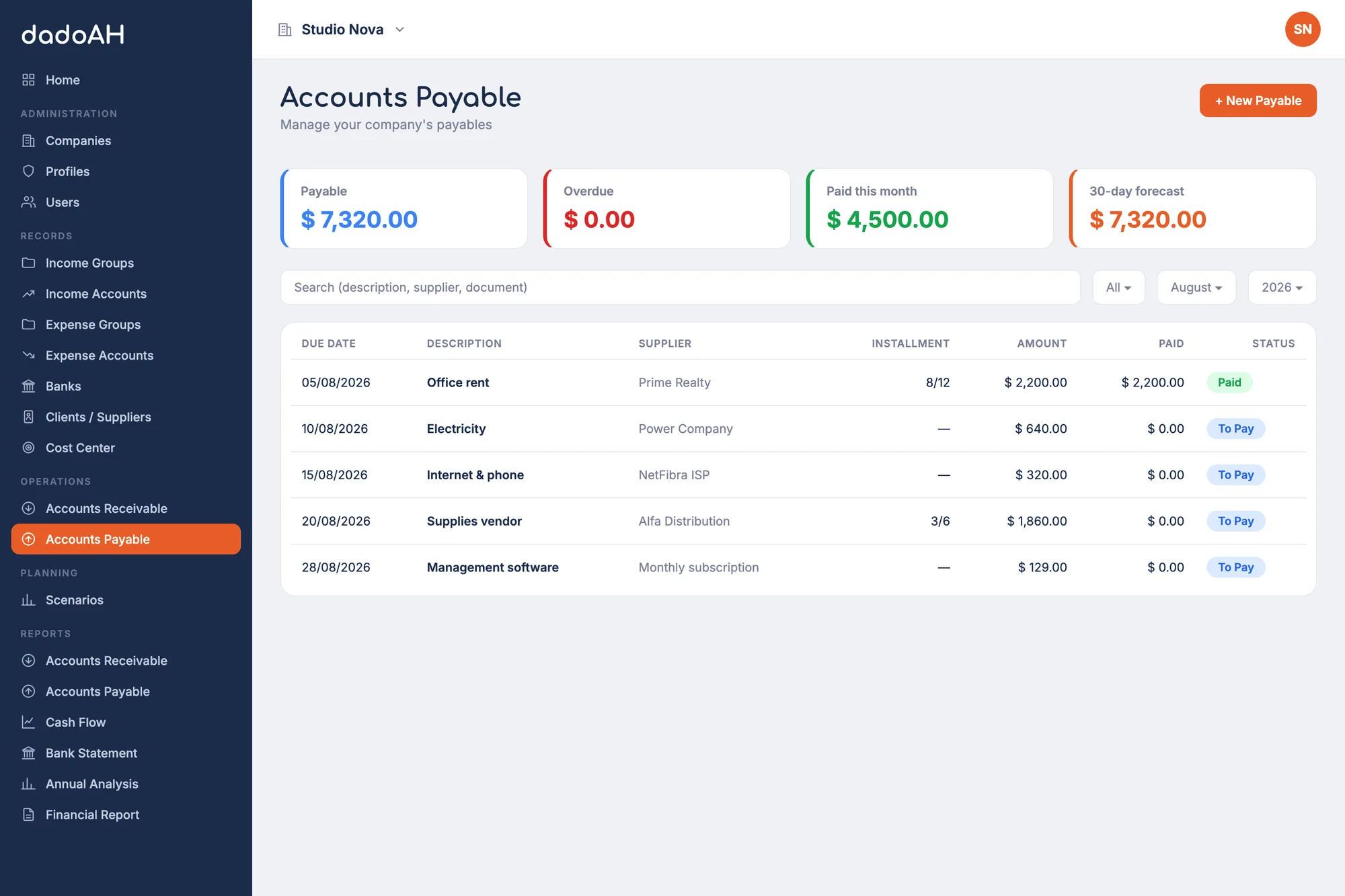 dadoAH accounts payable screen