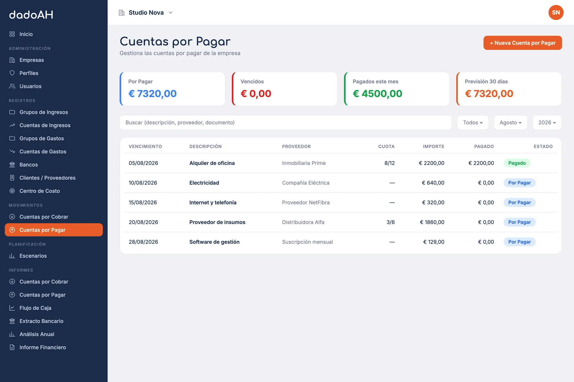 Pantalla de cuentas por pagar de dadoAH